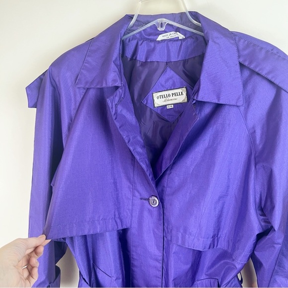 Vintage 80s Deep Purple Iridescent Long Trench Coat Rain Jacket 16 Metallic - Picture 3 of 15